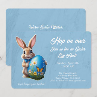 Invitation Easter Egg Hunt Brunch Hop on Over Bunny blue -