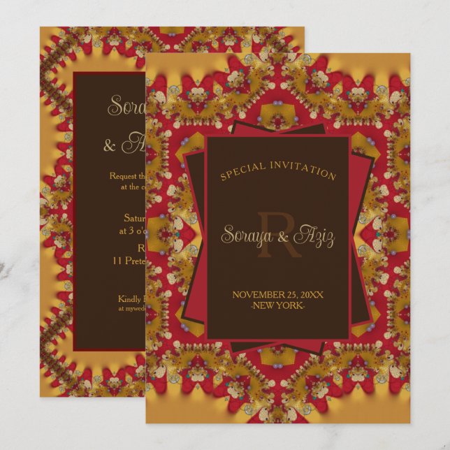 Invitation Eastern Red Gold Satin Lace Monogram Événement spé (Devant / Derrière)