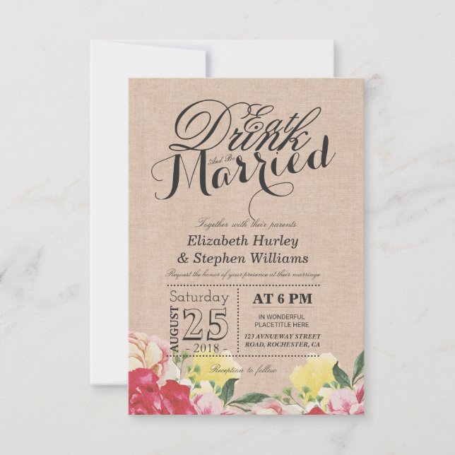 Invitation EAT Boire et être marié Chic Linen Floral Mariage (Devant)
