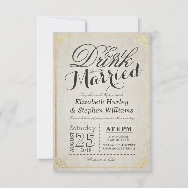 Invitation EAT Boire et être marié Damask Papier Bordure or (Devant)