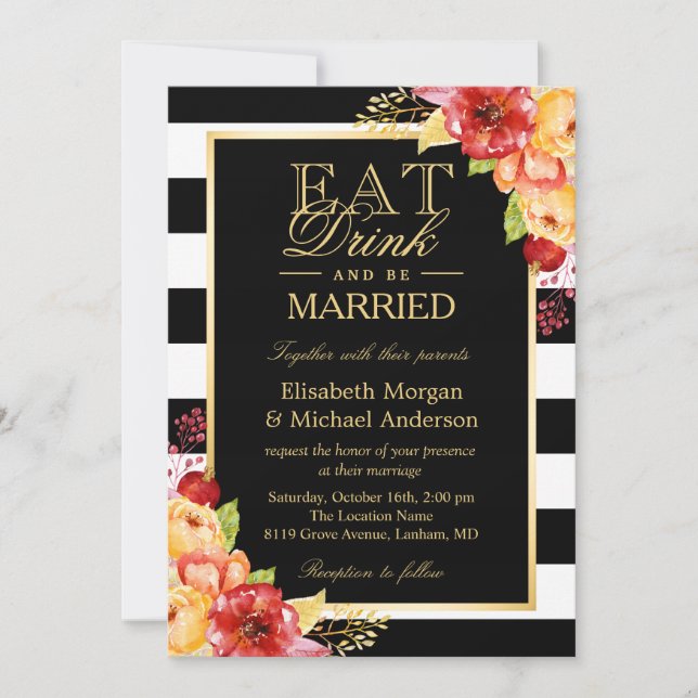 Invitation EAT Boire et être marié Gold Automne Mariage de au (Devant)