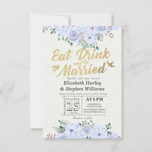 Invitation EAT Boire et être marié Mariage Floral Gold Script (Devant)