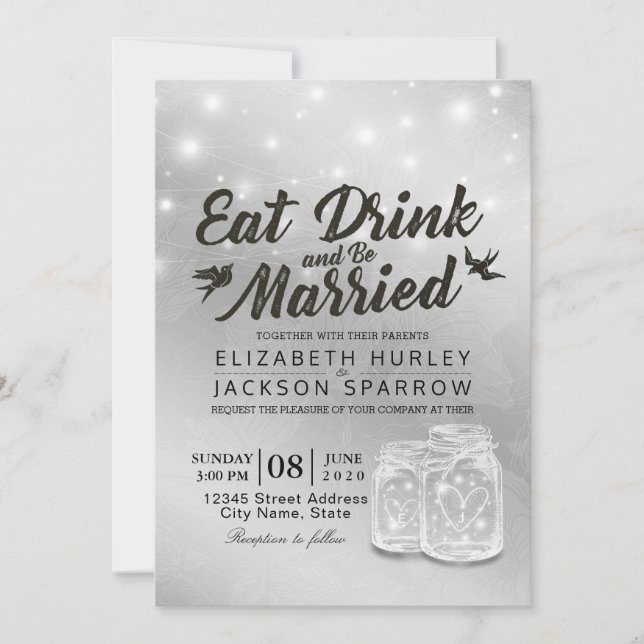 Invitation EAT Boire et être marié Mariage Mason Jars Lumière (Devant)