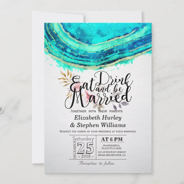 Invitation EAT Boire être marié Mariage Turquoise Gold Agate  (Devant)
