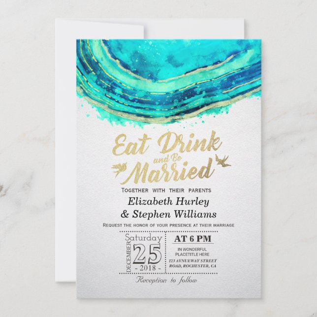 Invitation EAT Boire être marié Mariage Turquoise Gold Agate  (Devant)
