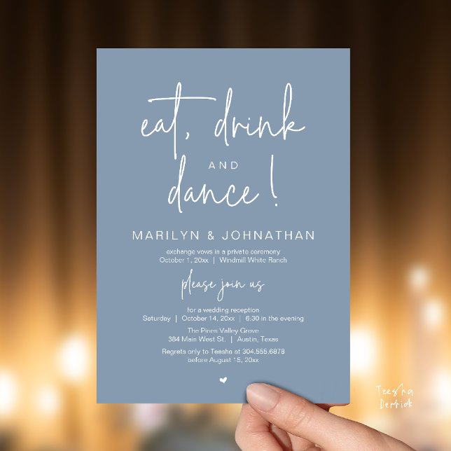 Invitation Eat, Drink and Dance, Modern Wedding Reception (Eat, Drink and Dance, Modern Wedding Reception Dinner Party Invitation Card in dusty blue)