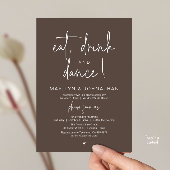 Invitation Eat, Drink and Dance, Modern Wedding Reception (Eat, Drink and Dance, Modern Wedding Reception Dinner Party Invitation Card in dark taupe brown)