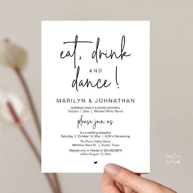 Invitation Eat, Drink and Dance, Modern Wedding Reception (Eat, Drink and Dance, Modern Wedding Reception Dinner Party Invitation Card in Black and White)