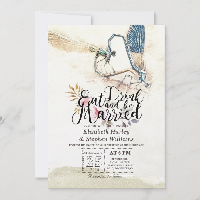 Invitation EAT Drink Be Marié Mariage Dragonfly Mating Love (Devant)