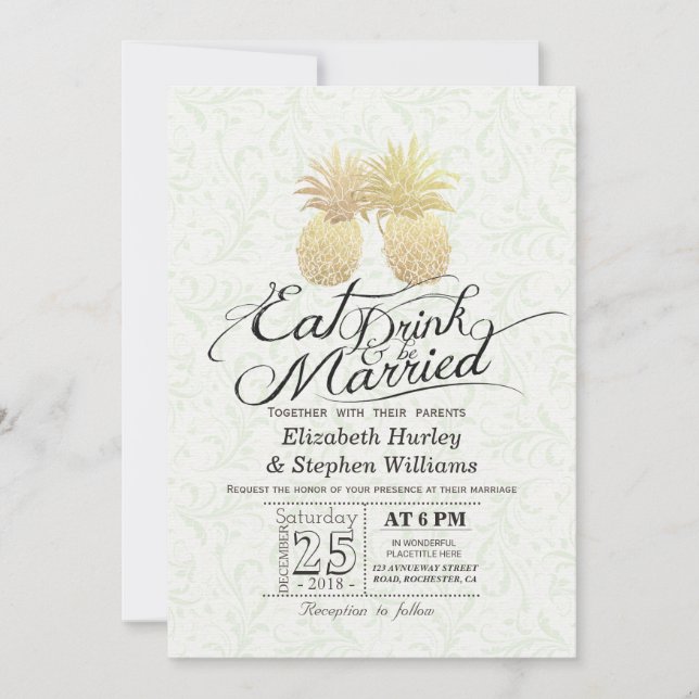 Invitation EAT Drink Be Marié Mariage Gold Pineapple Couple (Devant)