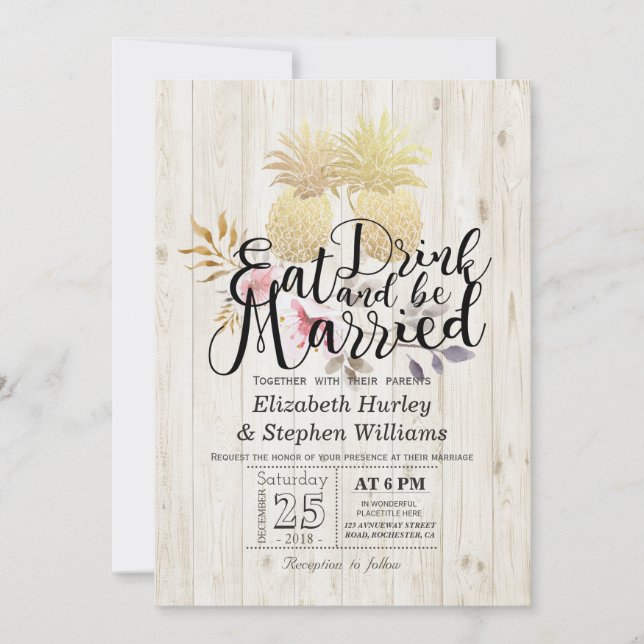 Invitation EAT Drink Be Marié Mariage Gold Pineapple Couple (Devant)