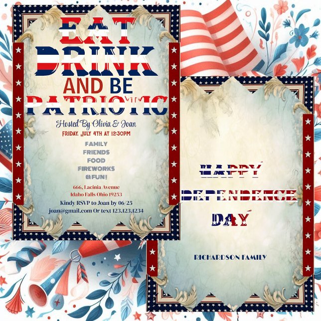 Invitation Eat Drink & Be Patriotique 4 Juillet Parti Shabby  (Eat Drink & Be Patriotic 4 July Party Shabby Chic Invitation)