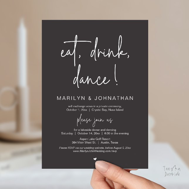 Invitation Eat, Drink, Dance, Wedding Elopement Dinner Party  (Eat, Drink, Dance, Wedding Elopement Dinner Party Invitation Card in Charcoal Grey)