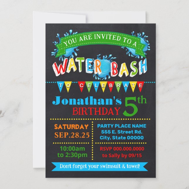 Invitation Eau Bassin Anniversaire Fête d'été Couleurs primai (Devant)