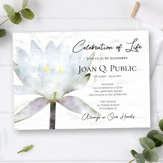 Invitation Eau Blanche Lily Aquarelle Célébration de la vie (Créateur téléchargé)