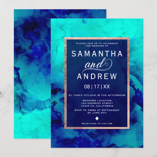 Invitation Eau bleu turquoise moderne rose or mariage (Devant / Derrière)
