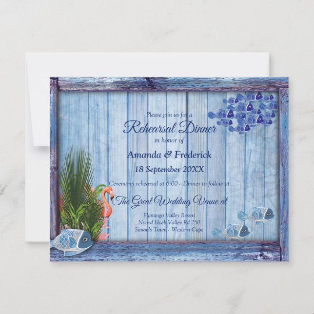 Invitation Eau bleue Galets, Corail rose & Flamants roses (Devant)