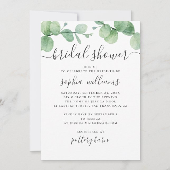 Invitation Eau-couleur eucalyptus. Douche nuptiale verte (Devant)