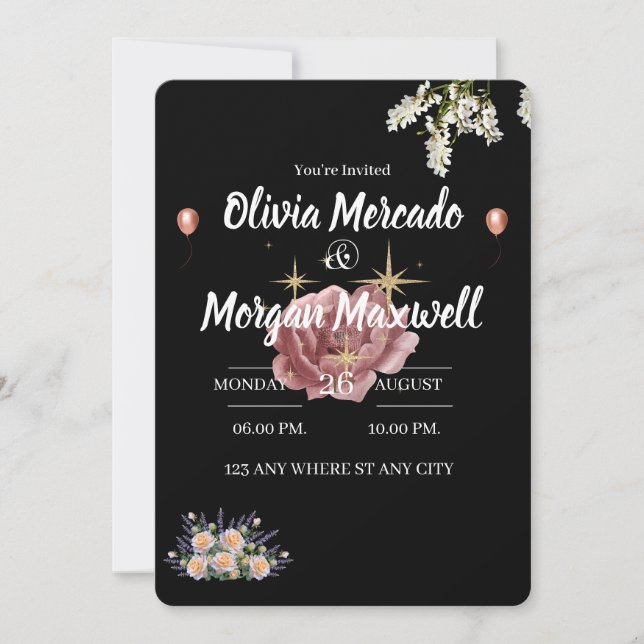 Invitation Eau couleur rose fleur sauvage Floral noir mariage (Devant)