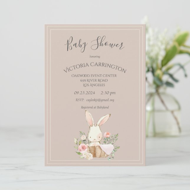 Invitation Eau de lapin Baby shower Brown Floral (Debout devant)