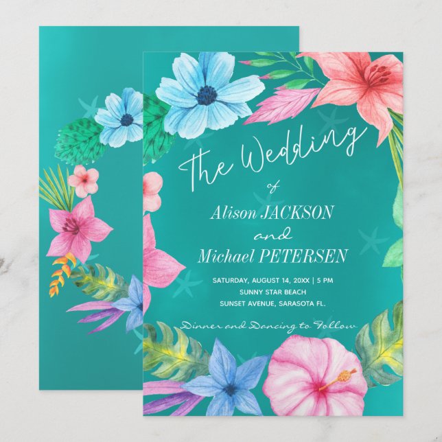 Invitation Eau de plage bleu tropical mariage de couronnes (Devant / Derrière)