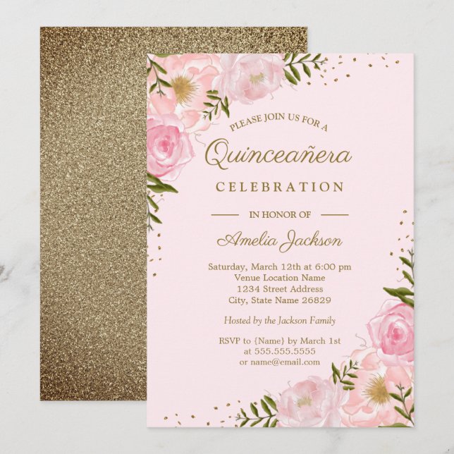 Invitation Eau Florale Teinte Dorée Aquarelle Quinceanera (Devant / Derrière)