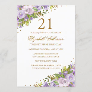 Invitation Eau-forte Fleurie Violette Or 21e Anniversaire