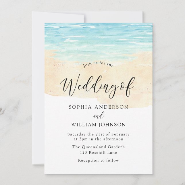 Invitation Eau Moderne Sable Plage Aquarelle Plage Mariage (Devant)