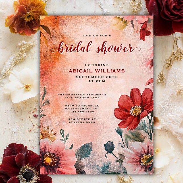 Invitation Eau romantique Coucher de soleil Fête des mariées  (Romantic Watercolor Sunset Floral Bridal Shower Invitation)