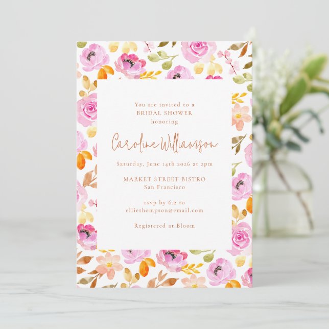 Invitation Eau rose d'été Jardin Fête des mariées florale (Debout devant)