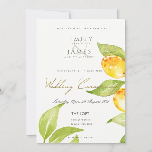 INVITATION EAU VERTE JAUNE COULEUR FOLIAGE MARIAGE OLIVE (Devant)