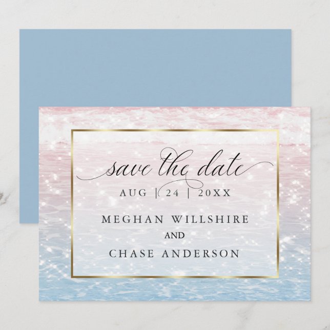 Invitation Eaux Étincelantes Mariage à la plage rose (Devant / Derrière)