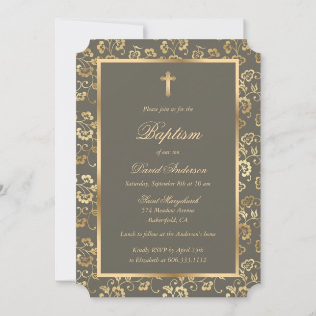 Invitation Ebony Gold Cross Script Floral Baptism (Devant)
