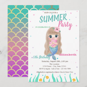 Invitation Écaille de Sirène Bébé Coquillages Fête d'anniver