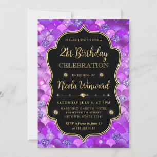 Invitation Écaille de sirène iridescente et dorée Cadre Anniv