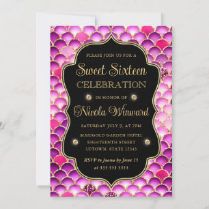 Invitation Écaille de sirène iridescente et dorée cadre Sweet