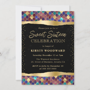 Invitation Écailles de sirène multicolores et dorées pour un 