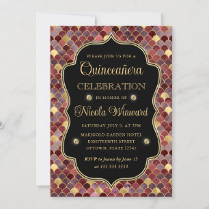 Invitation Écailles de sirène rouges et dorées encadrent la Q