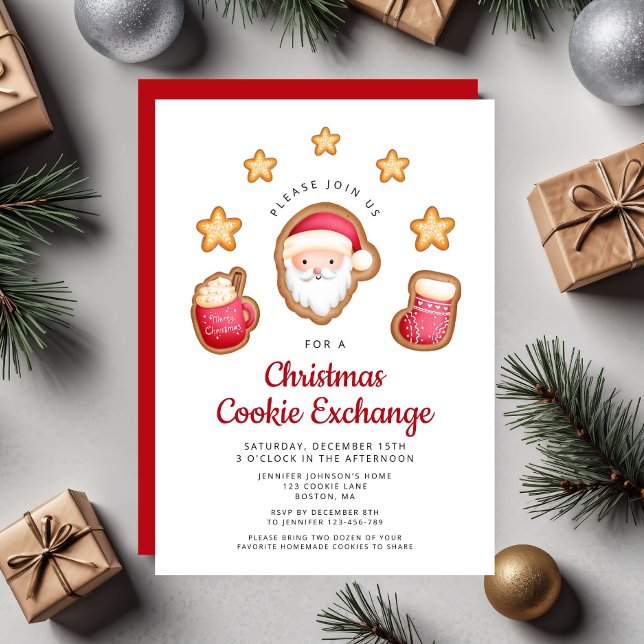 Invitation Échange de biscuits de Noël du Père Noël (Cute Red Santa Claus Christmas Cookie Exchange Invitation)