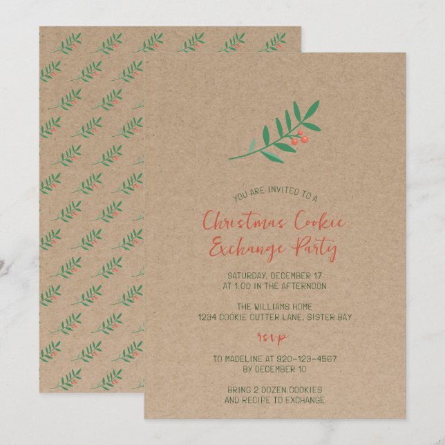 Invitation Échange de biscuits de Noël Holly Kraft Party  (Devant / Derrière)