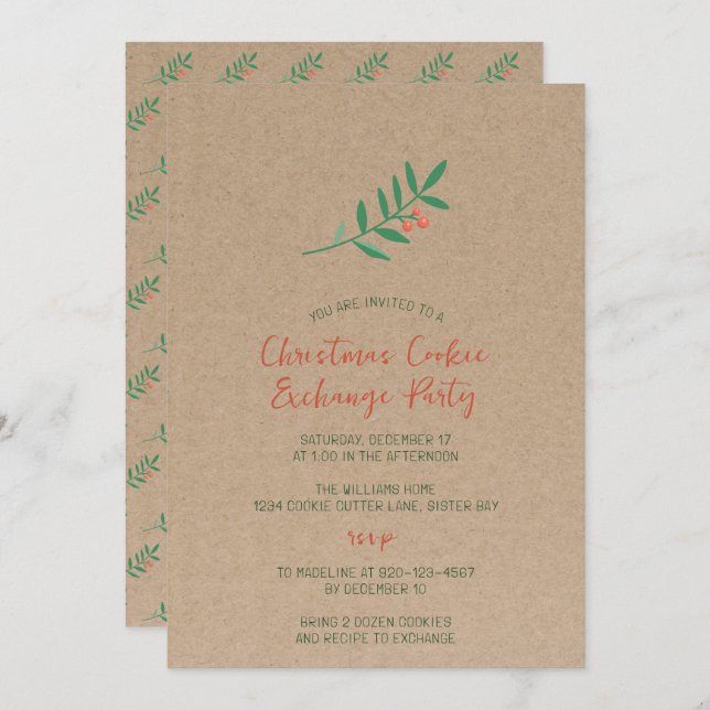 Invitation Échange de biscuits de Noël Kraft Party Holly  (Devant / Derrière)