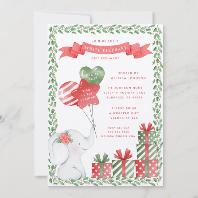 Invitation Échange de cadeaux de Noël à l'éléphant blanc (Devant)