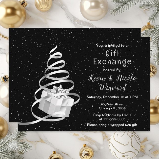 Invitation Échange de cadeaux de Noël argent et noir (Créateur téléchargé)