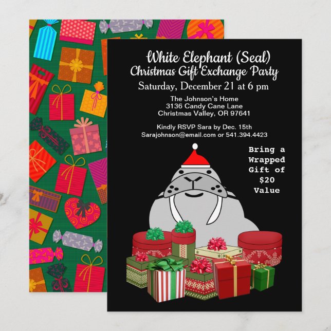 Invitation Échange de cadeaux de Noël pour phoque blanc éléph (Devant / Derrière)