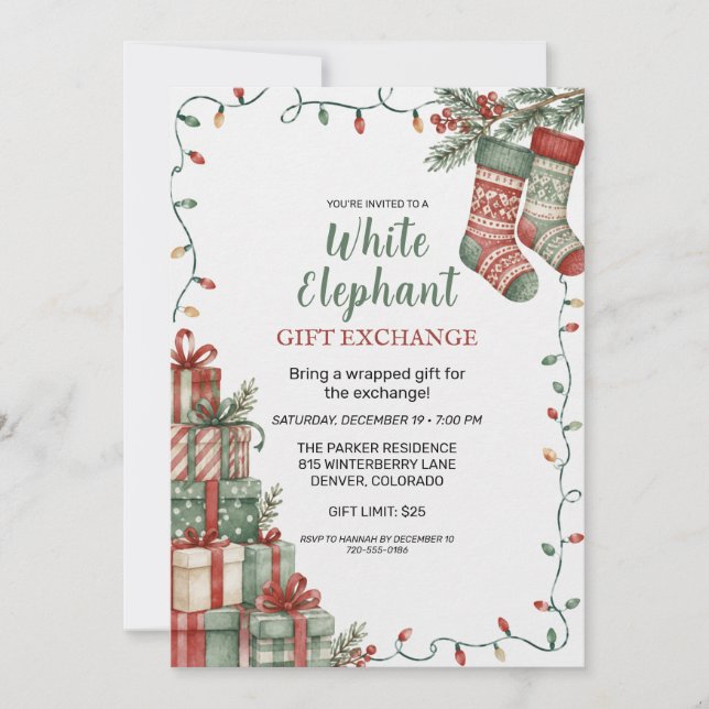 Invitation Échange de cadeaux éléphant blanc de Noël (Devant)