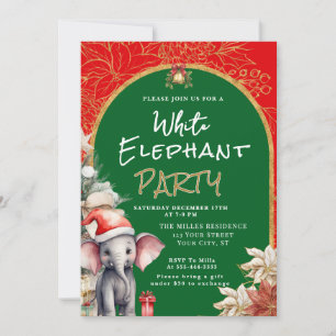 Invitation Échange de cadeaux éléphant blanc or, blanc et ver