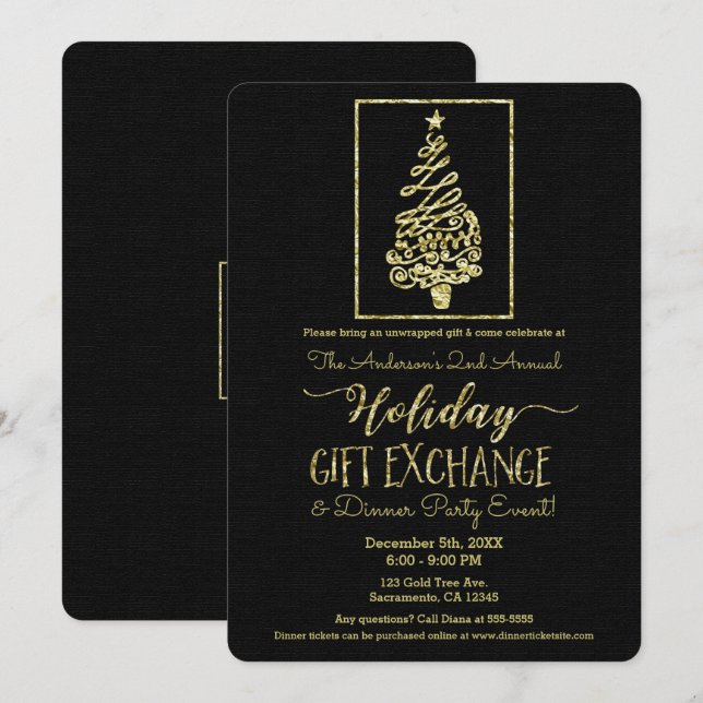 Invitation Échange de cadeaux Gold & Black Holiday Christmas  (Devant / Derrière)