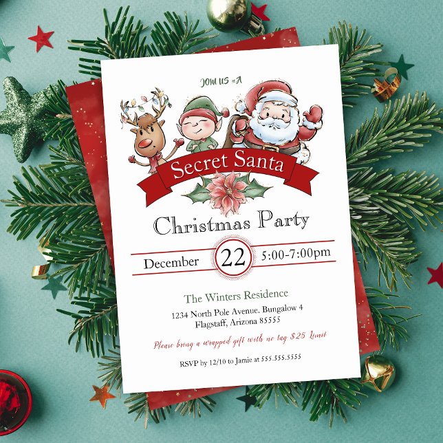 Invitation Échange de cadeaux moderne Secret Père Noël Noël (cute secret santa party invitations for holiday office party or gift exchange white elephant party)