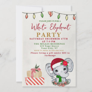Invitation Échange de cadeaux Party éléphant blanc aquarelle