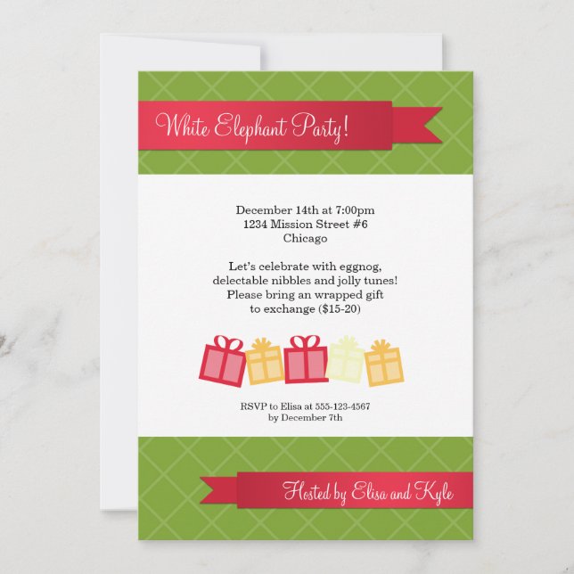Invitation Échange de cadeaux rouge ruban vert fête de Noël (Devant)